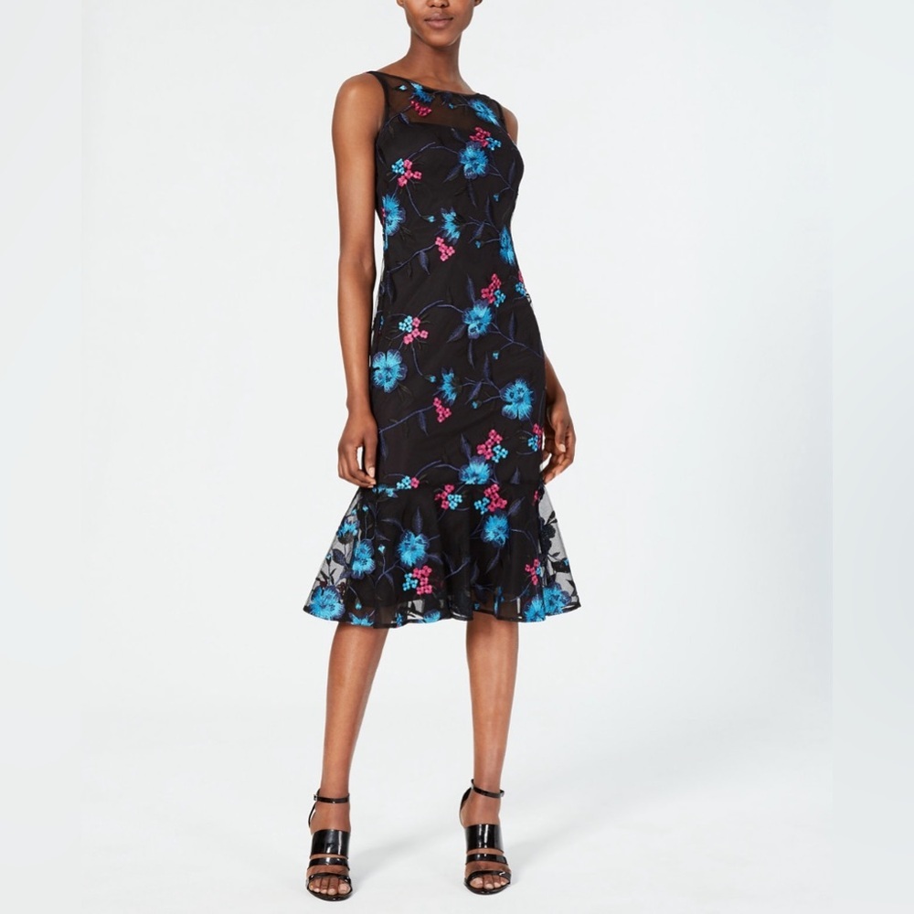 Calvin Klein Women's 4 Black Embroidered Mesh Sheath Floral Dainty Classy Dress